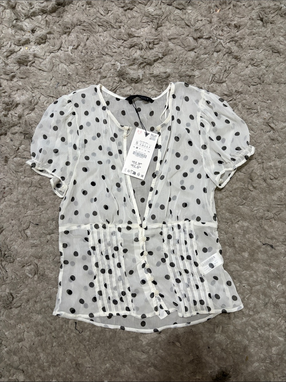Zara White Sheer Polka Dot Button-Front Blouse